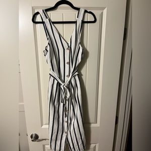 White & Blue Stripe Midi Button Dress